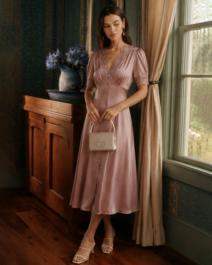 Pink Lace Splicing Satin Midi Dress