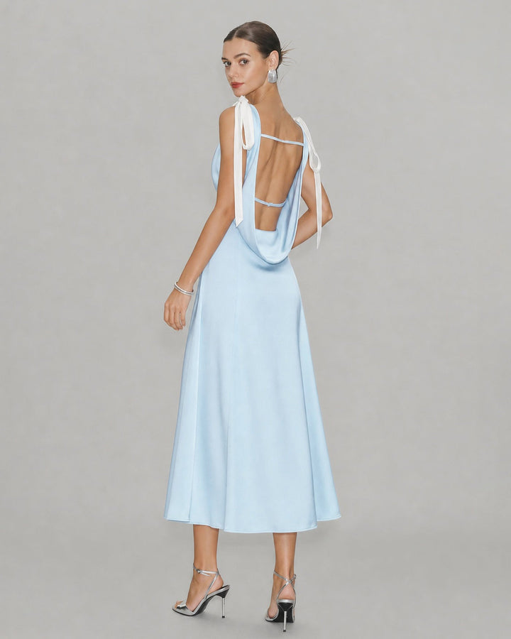 Blue V Neck Cut Out Satin Midi Dress