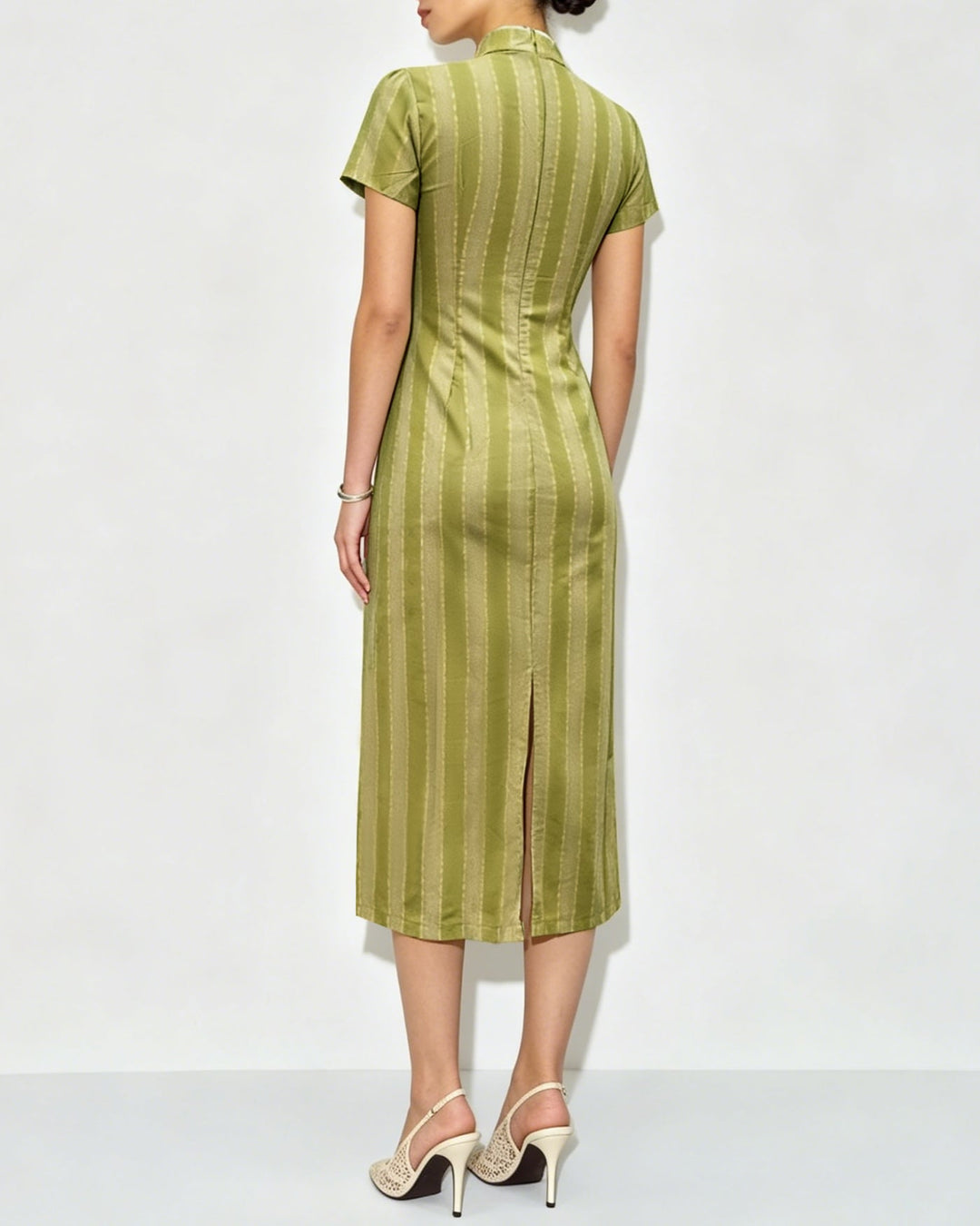 Green Mandarin Collar Tunic Midi Dress