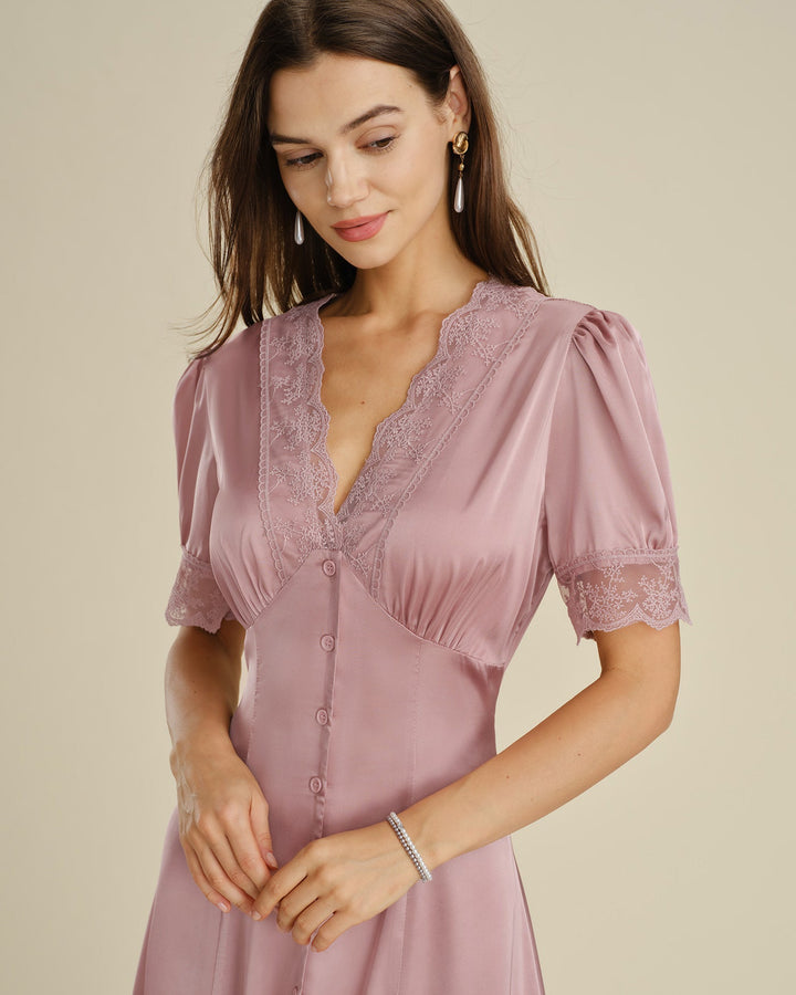Pink Lace Splicing Satin Midi Dress