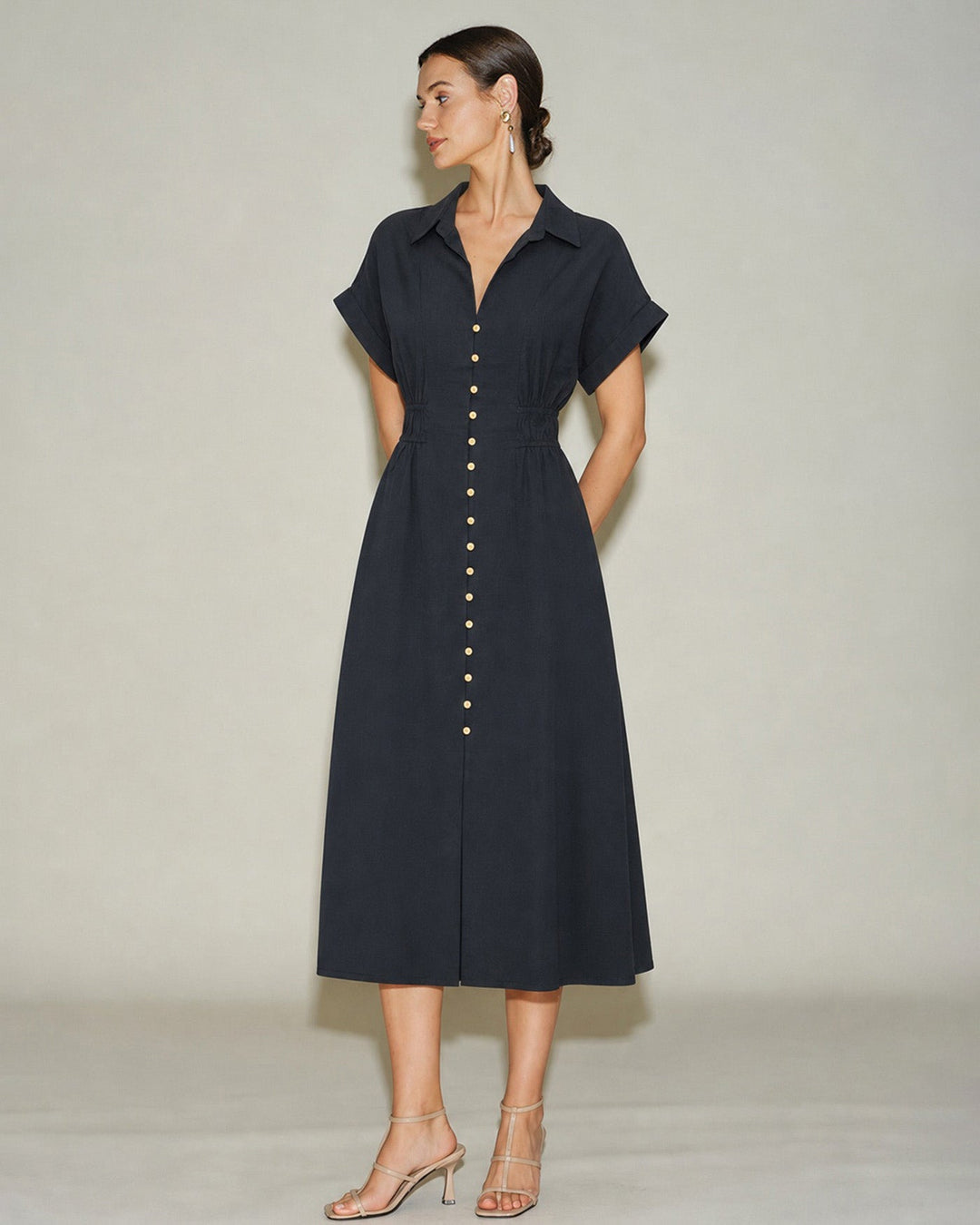 Black V Neck Drop Shoulder Midi Dress
