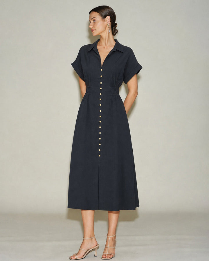 Black V Neck Drop Shoulder Midi Dress