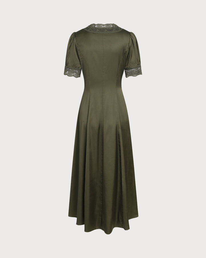 Green Lace Satin Midi Dress