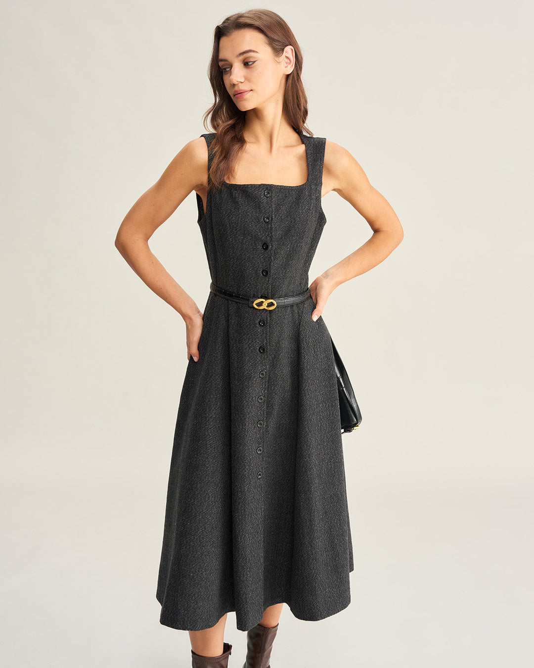 Grey Tweed Sleeveless Midi Dress