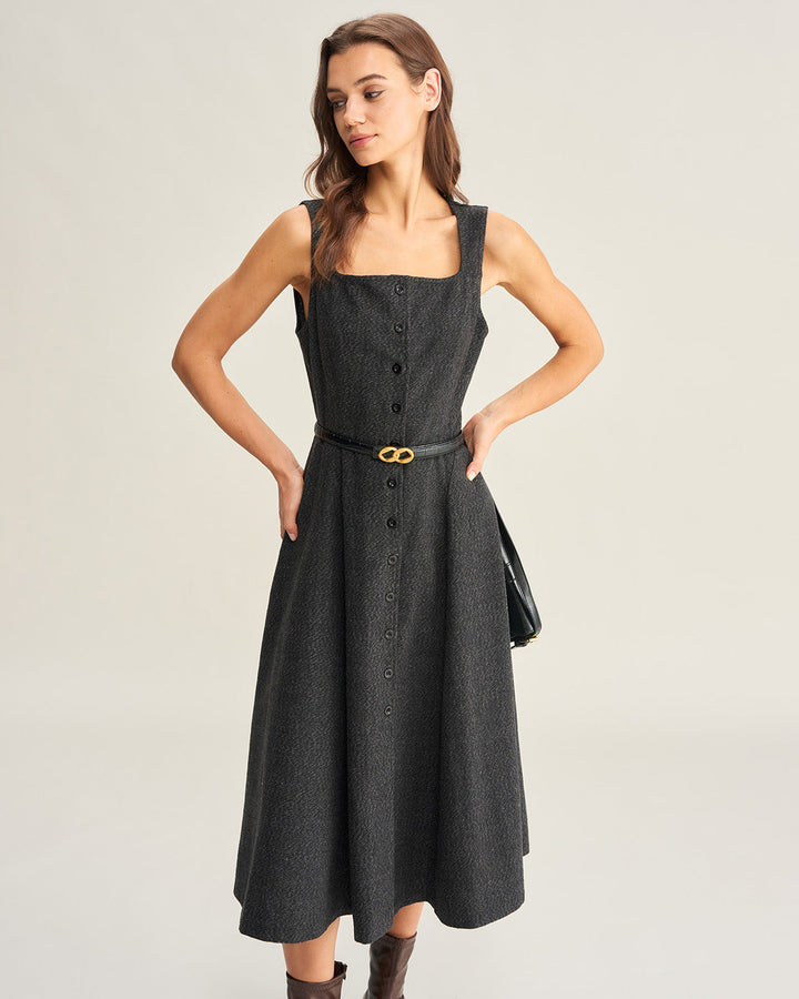 Grey Tweed Sleeveless Midi Dress