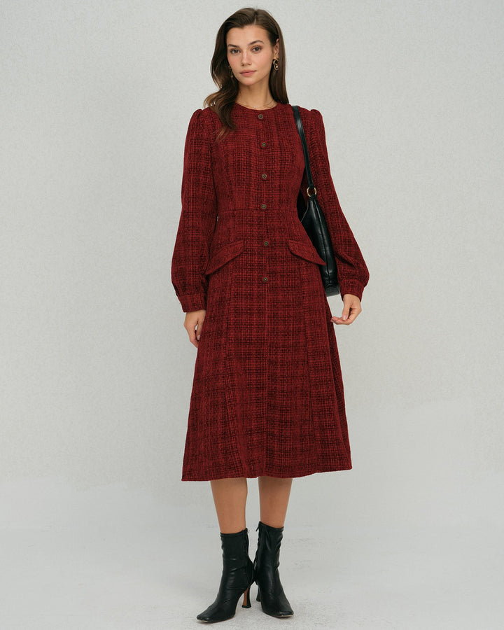 Red Lantern Sleeve A-Line Midi Dress