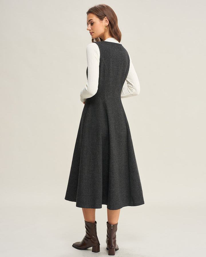Grey Tweed Sleeveless Midi Dress