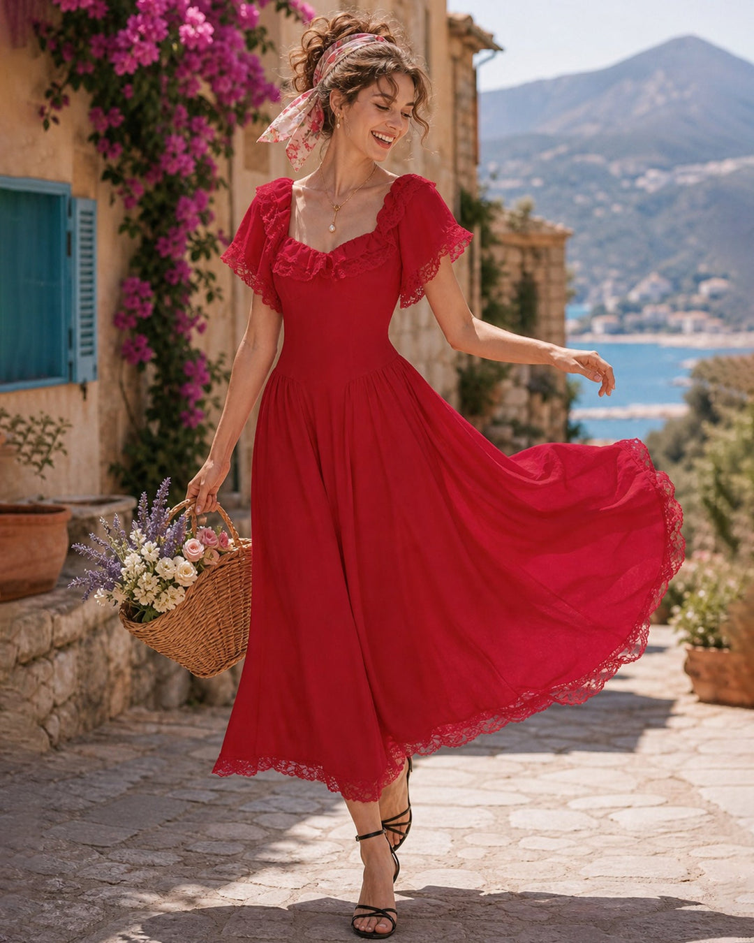 Red Sweetheart Neck Tie Lace Midi Dress