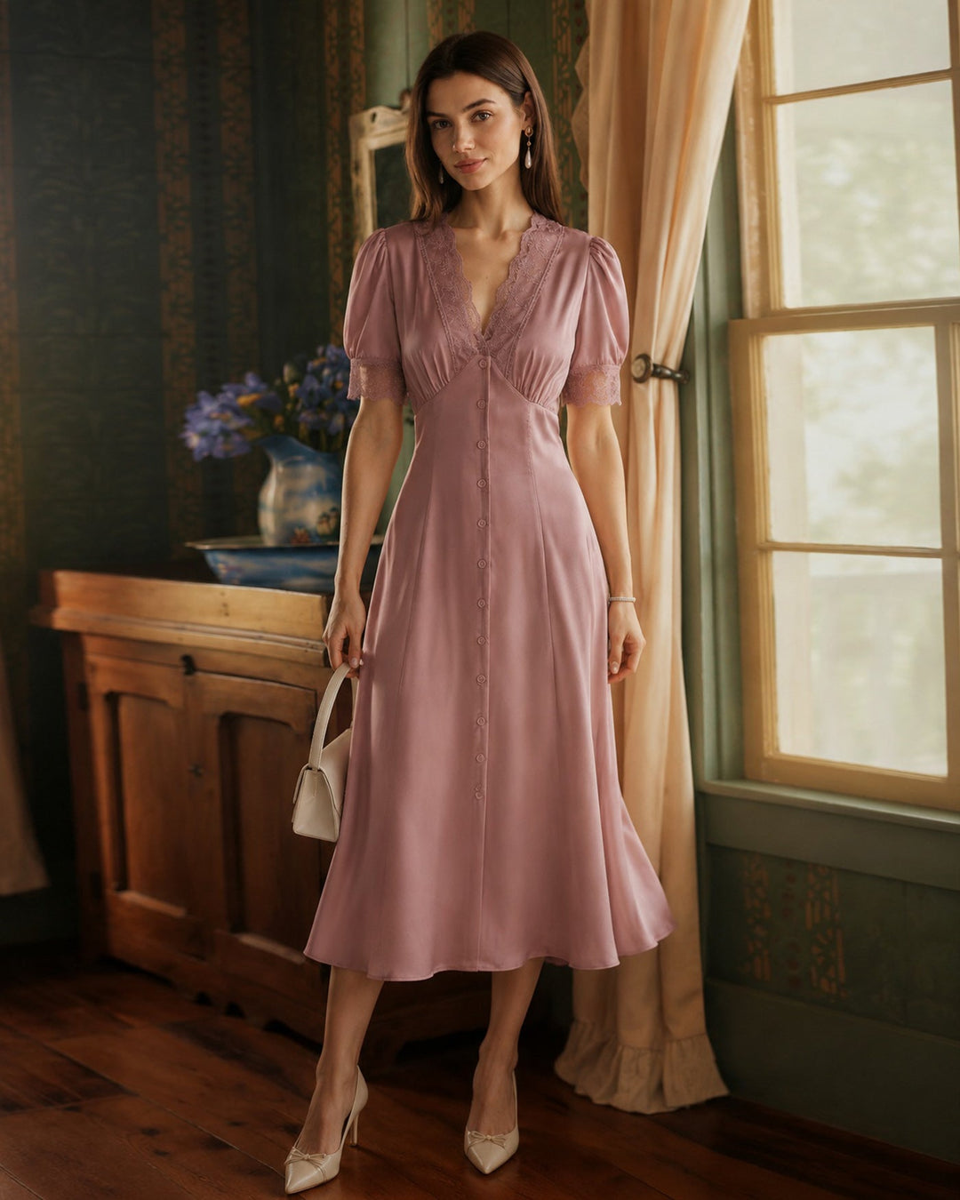 Pink Lace Splicing Satin Midi Dress