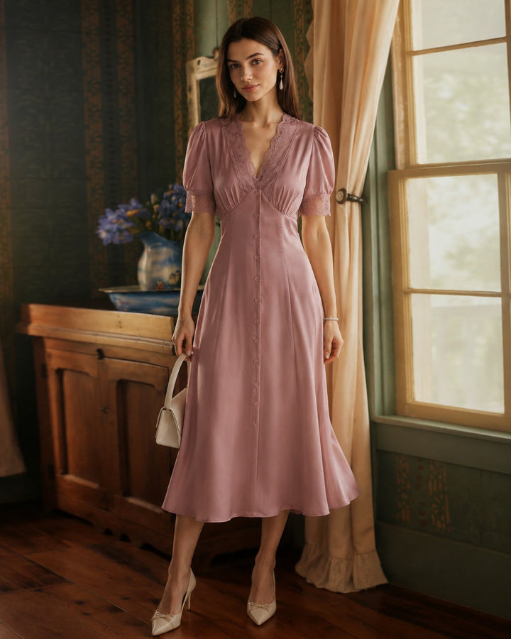 Pink Lace Splicing Satin Midi Dress
