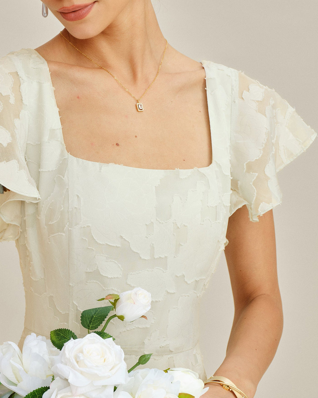 Beige Square Neck Jacquard Midi Dress
