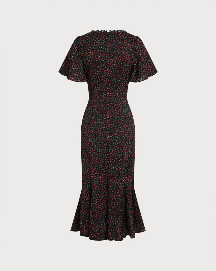 Black Square Neck Butterfly Sleeve Floral Midi Dress