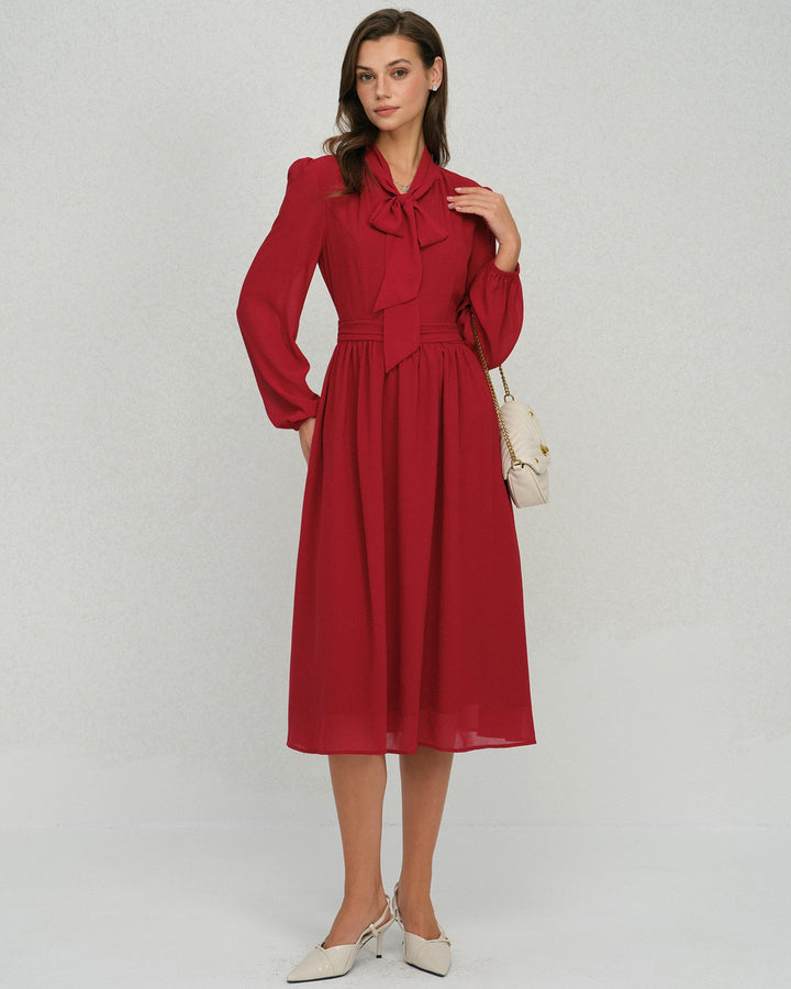 Wine Red Lantern Sleeve Chiffon Midi Dress
