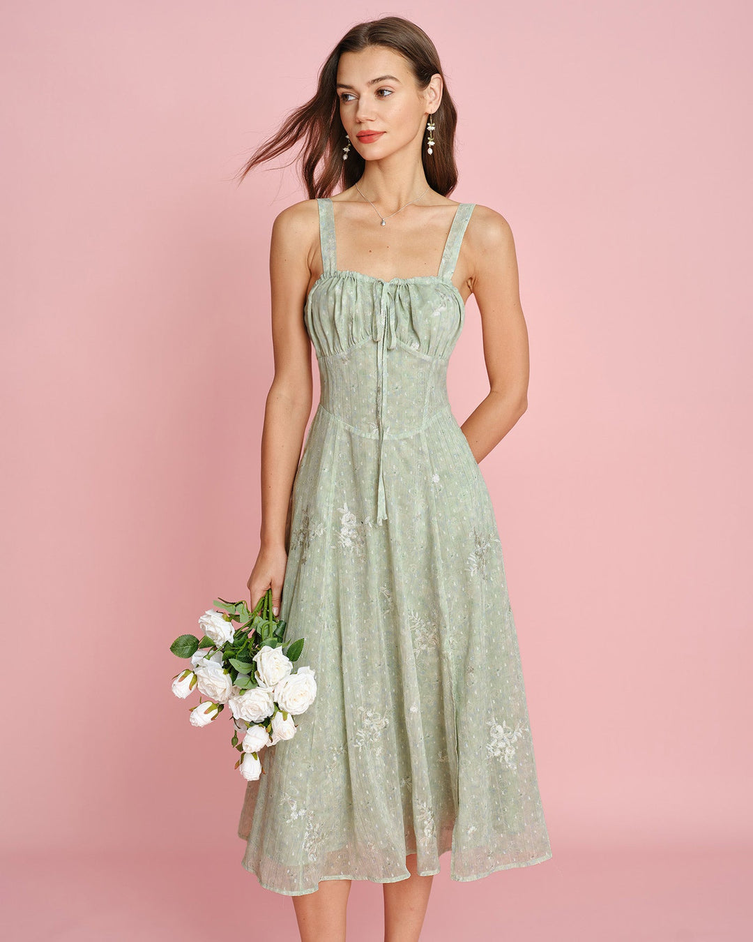Green Jacquard Slip A-Line Midi Dress