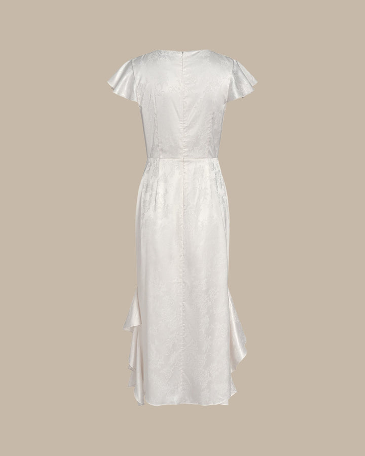 Beige Boat Neck Jacquard Ruffle Midi Dress