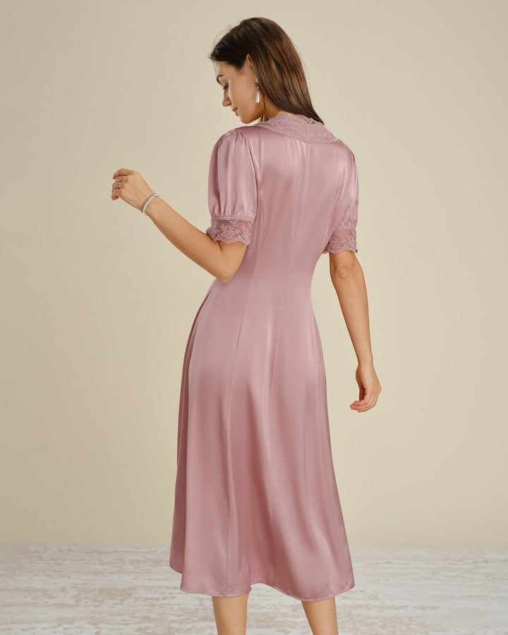 Pink Lace Splicing Satin Midi Dress