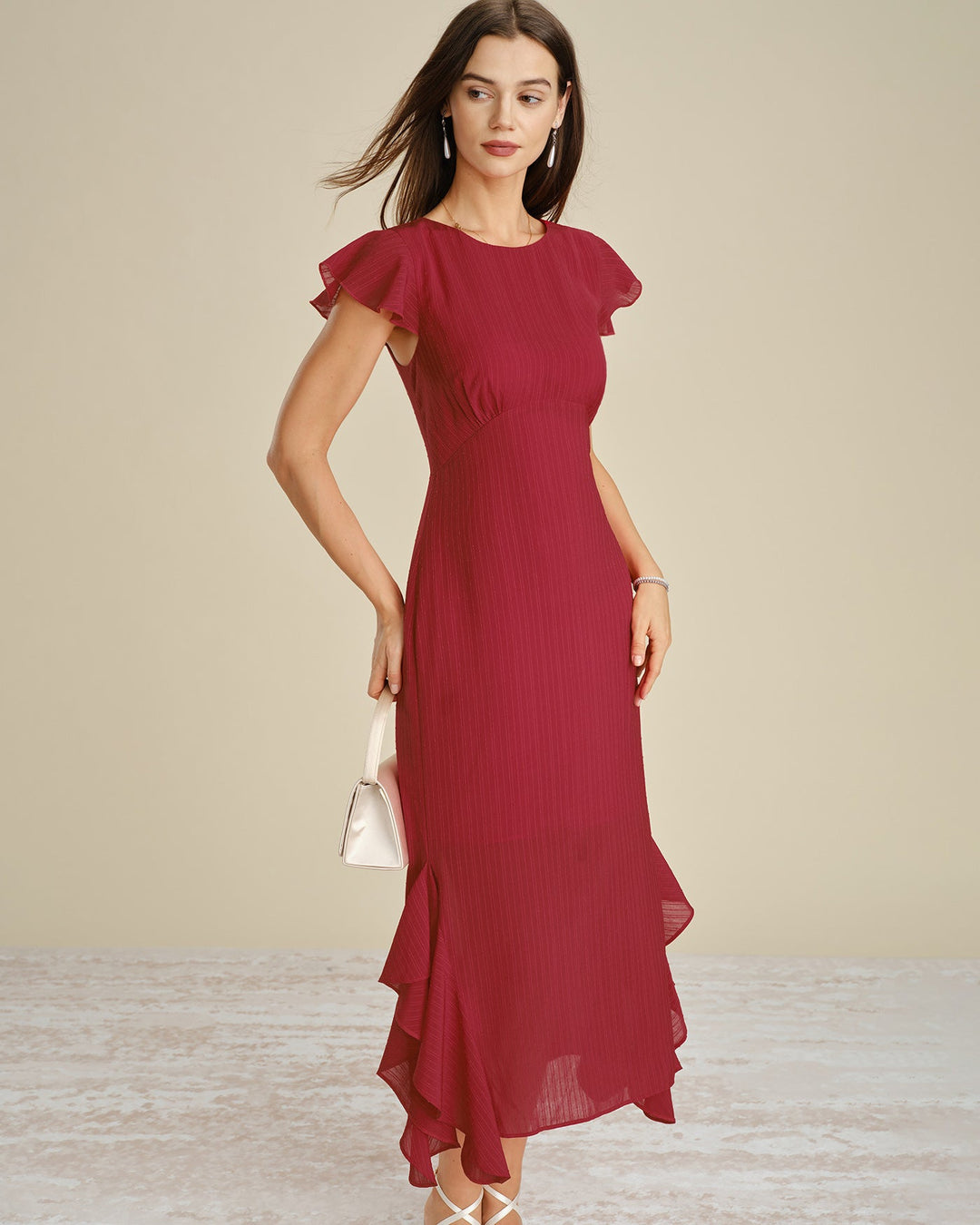 Red Solid Boat Neck Ruffle Midi Dress