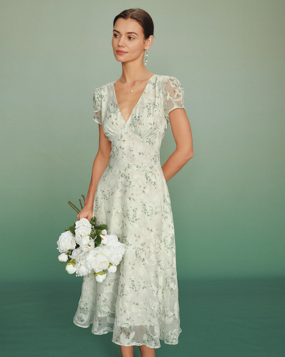 Green Puffed Sleeve Floral Tunic Midi Dress