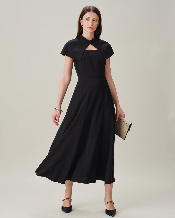 Black Square Neck Sleeveless Button Midi Dress