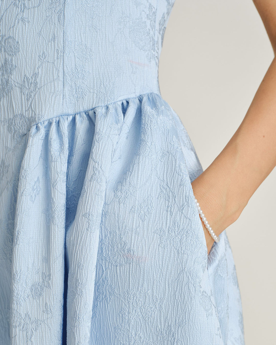 Blue Jacquard Pockets Slip Midi Dress
