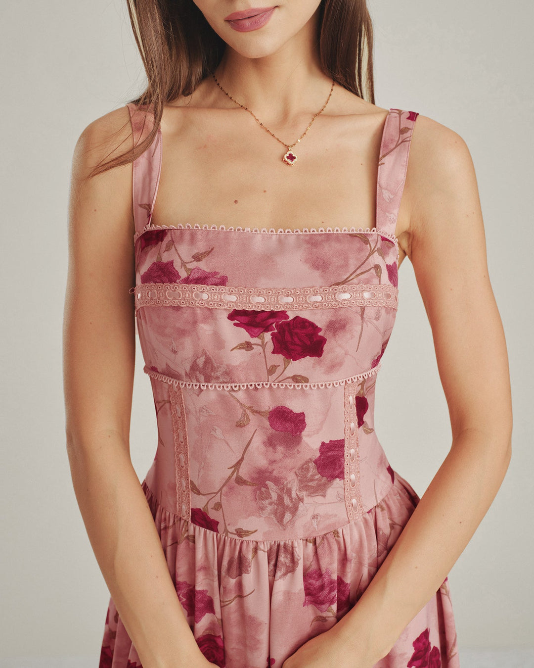 Pink Square Neck Lace Floral Midi Dress