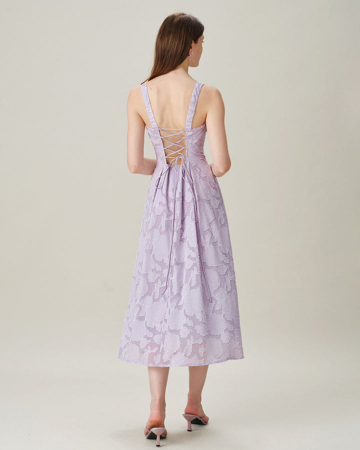 Purple Square Neck Tie Jacquard Midi Dress