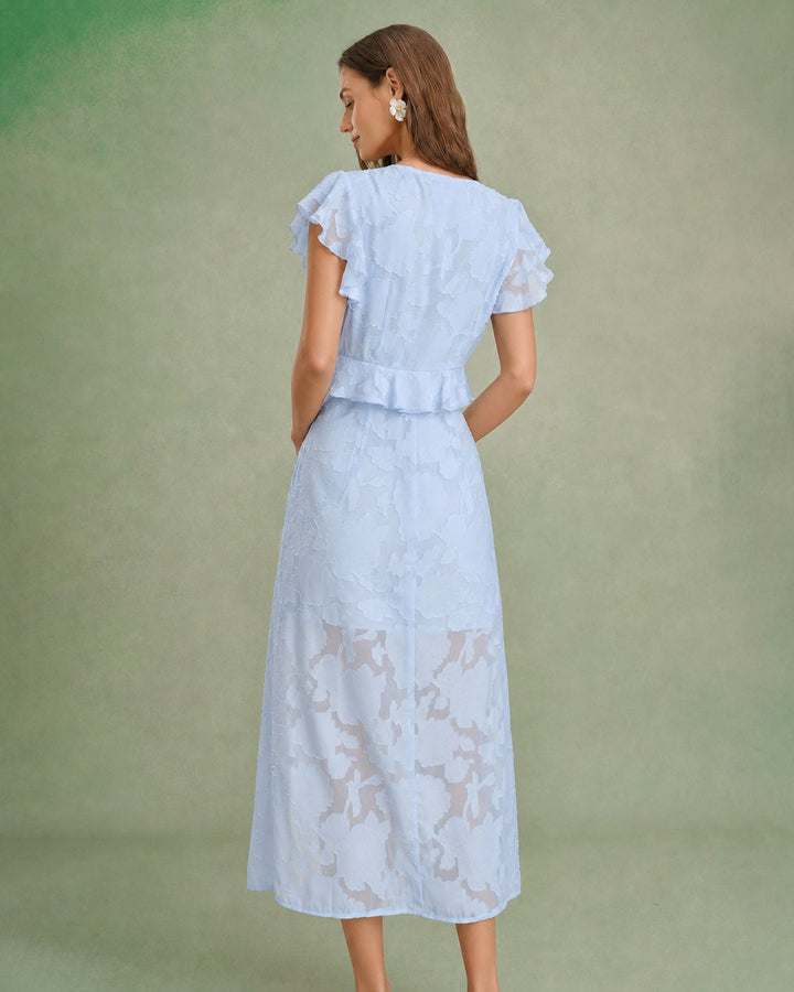 Blue V Neck Jacquard Ruffle Midi Dress