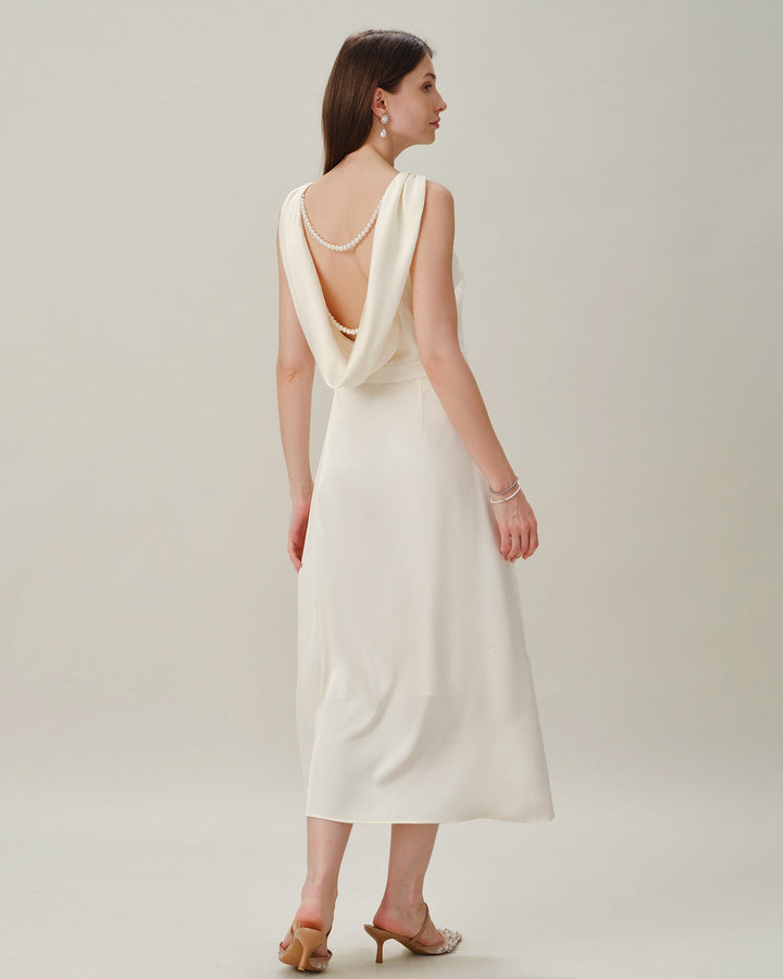 Apricot Boat Neck Pearl Satin Midi Dress