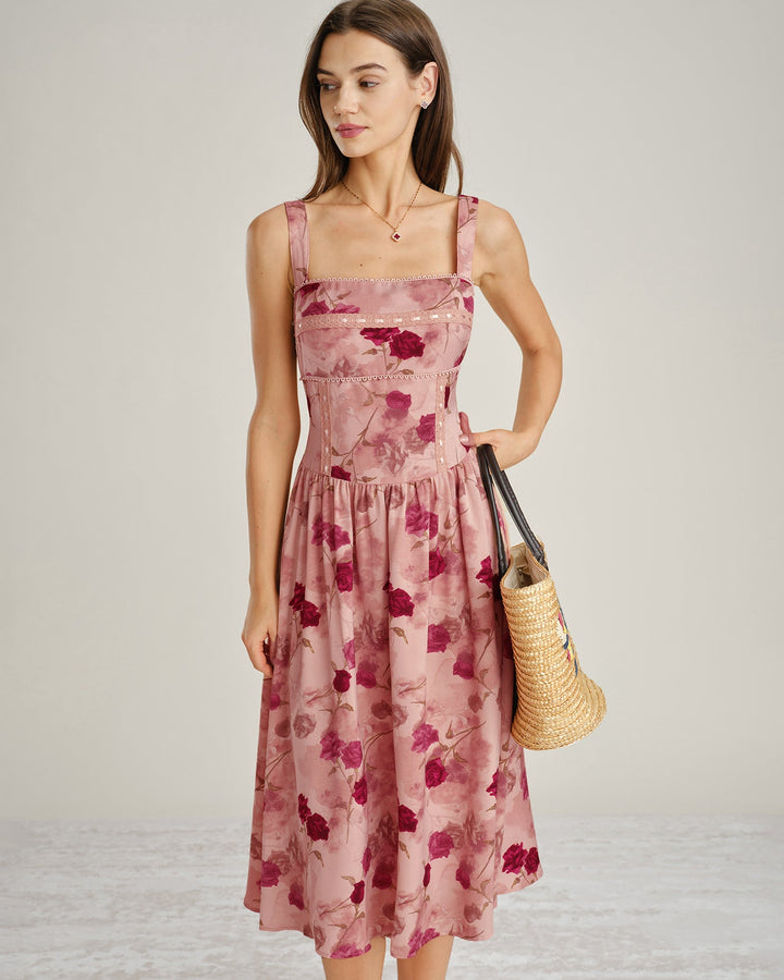 Pink Square Neck Lace Floral Midi Dress