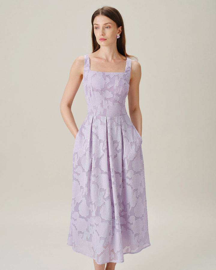 Purple Square Neck Tie Jacquard Midi Dress