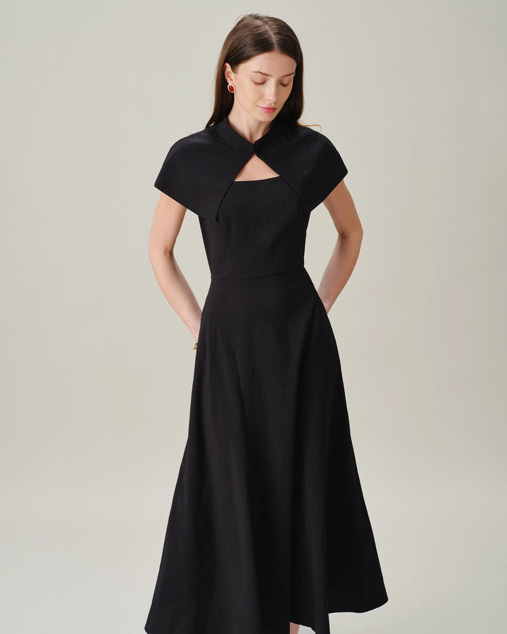 Black Square Neck Sleeveless Button Midi Dress