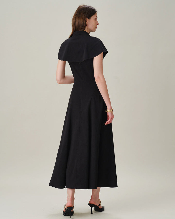 Black Square Neck Sleeveless Button Midi Dress