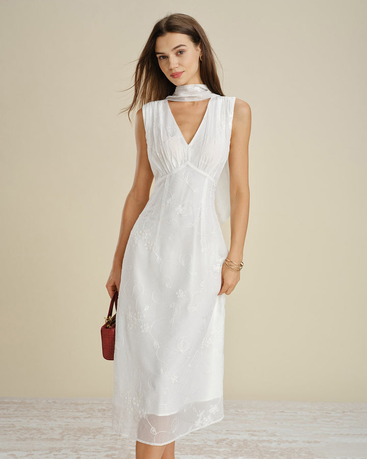 White V Neck Floral Embroidery Midi Dress