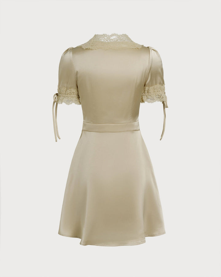 Apricot V Neck Lace Satin Mini Dress