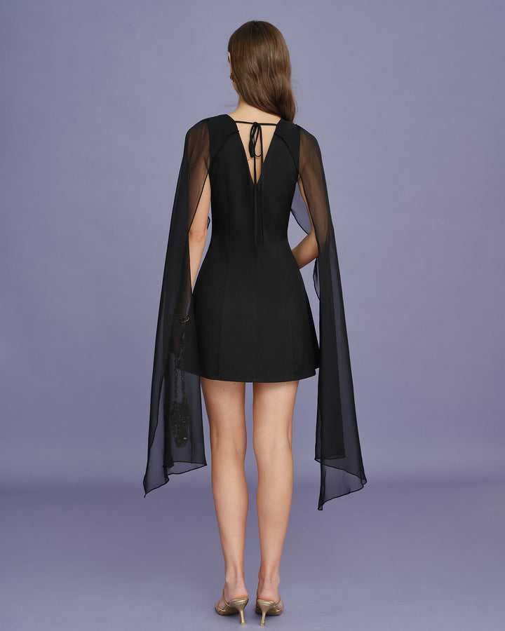 Black Boat Neck Flowy Mini Dress