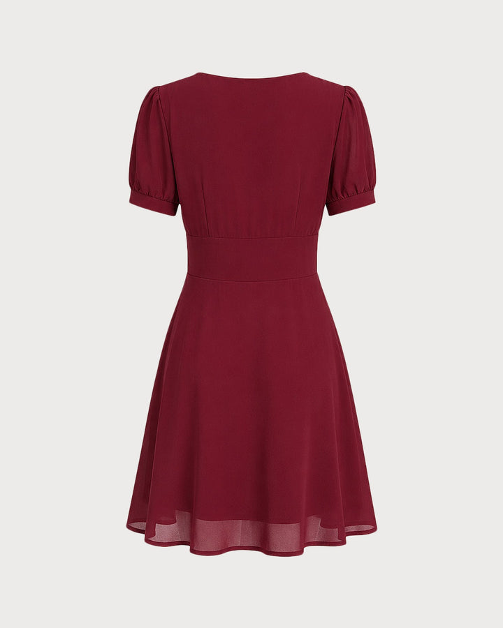 Red V Neck Puffed Sleeve Mini Dress