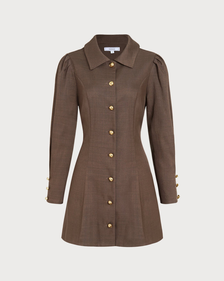 Brown Tie Button Mini Dress