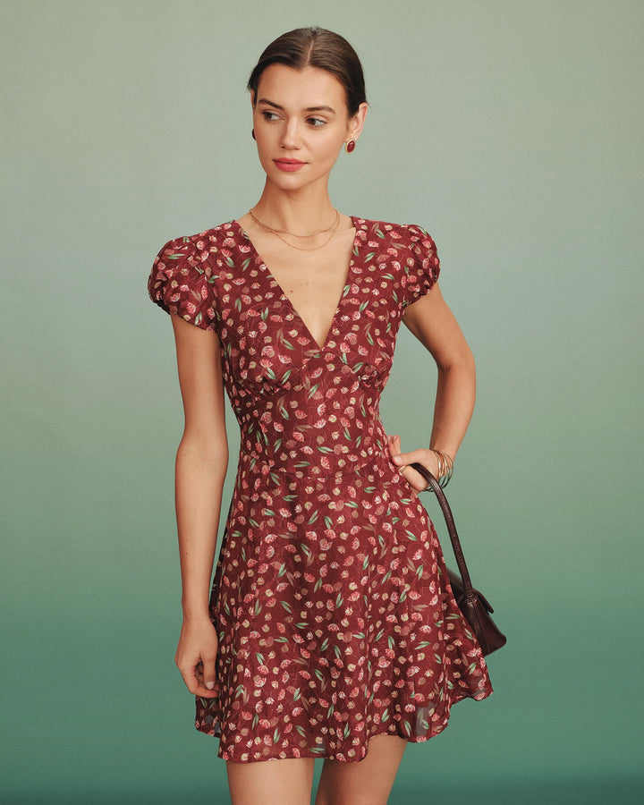 Red V Neck Jacquard Tunic Mini Dress