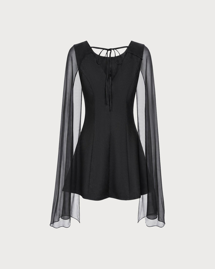Black Boat Neck Flowy Mini Dress