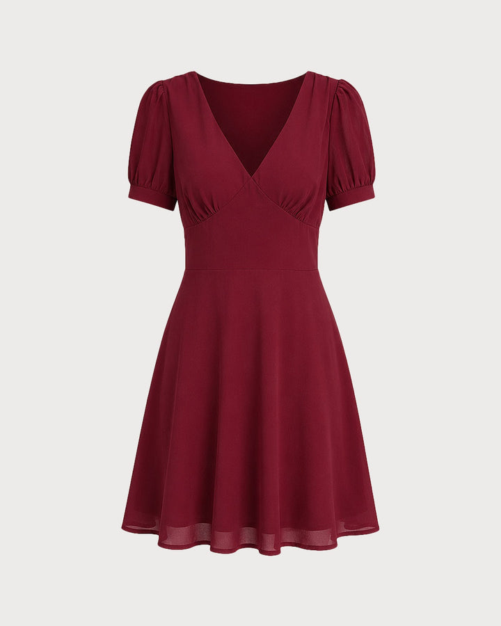 Red V Neck Puffed Sleeve Mini Dress