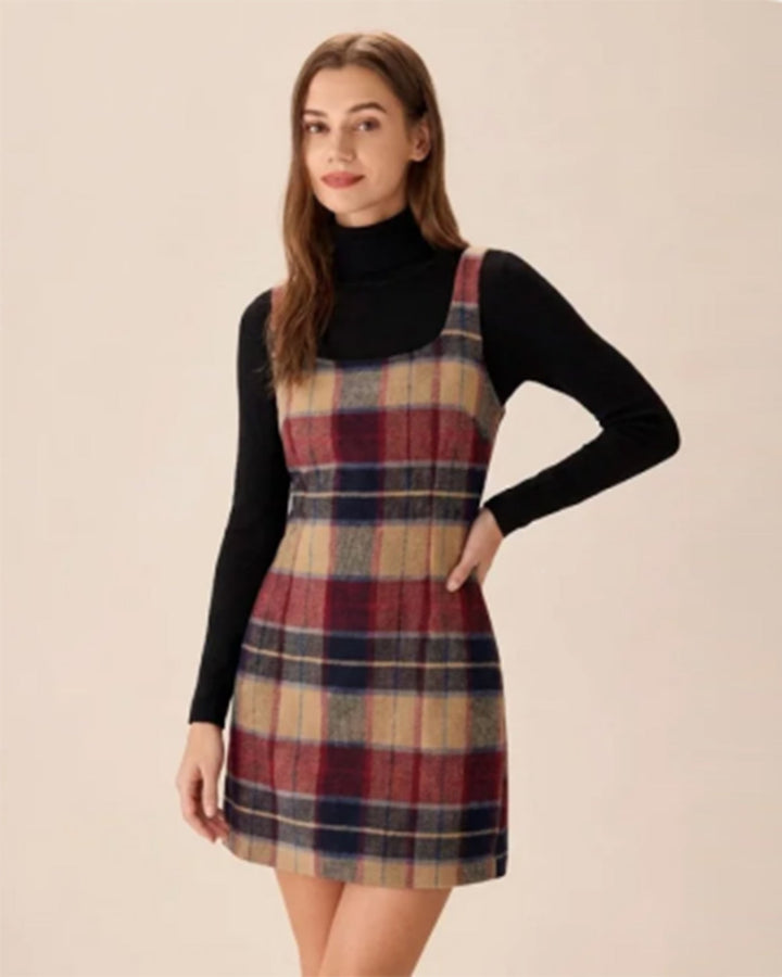 Red U Neck Plaid Mini Dress