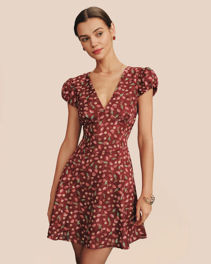 Red V Neck Jacquard Tunic Mini Dress
