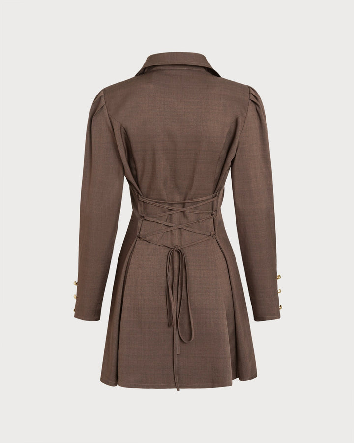 Brown Tie Button Mini Dress