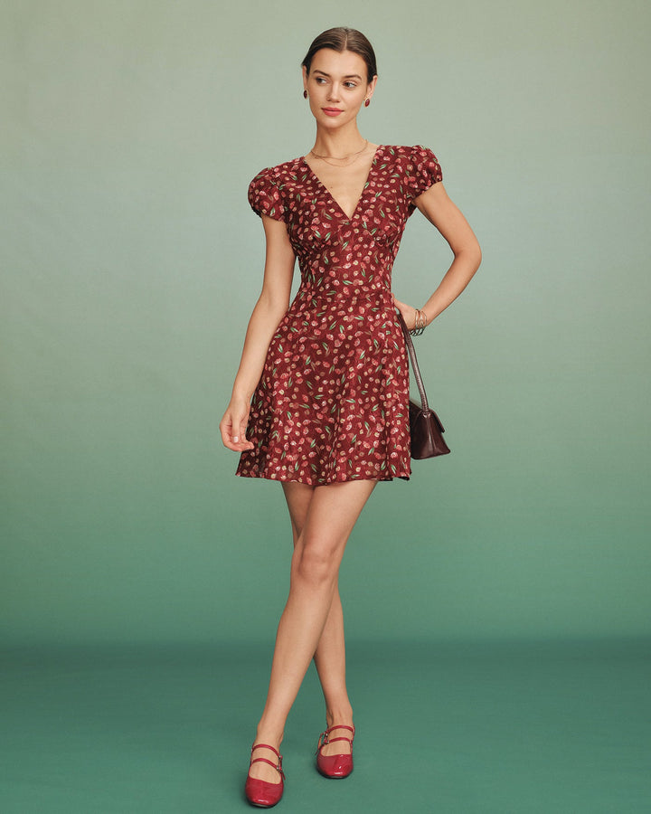 Red V Neck Jacquard Tunic Mini Dress