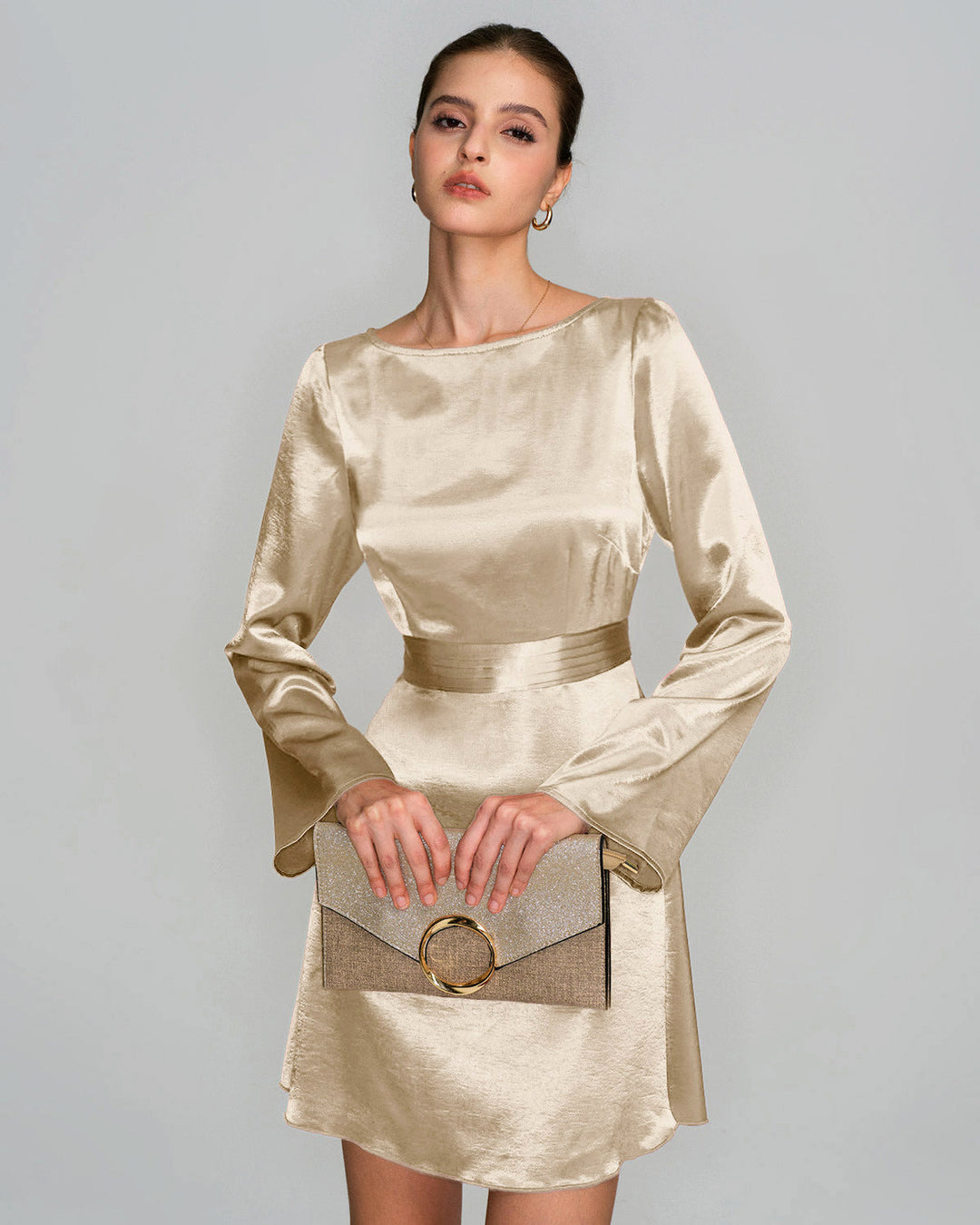 Apricot Boat Neck Satin A-Line Mini Dress