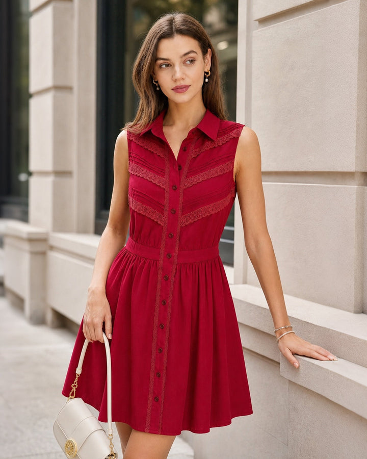 Red Collar Lace Button Mini Dress