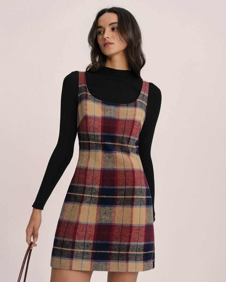 Red U Neck Plaid Mini Dress