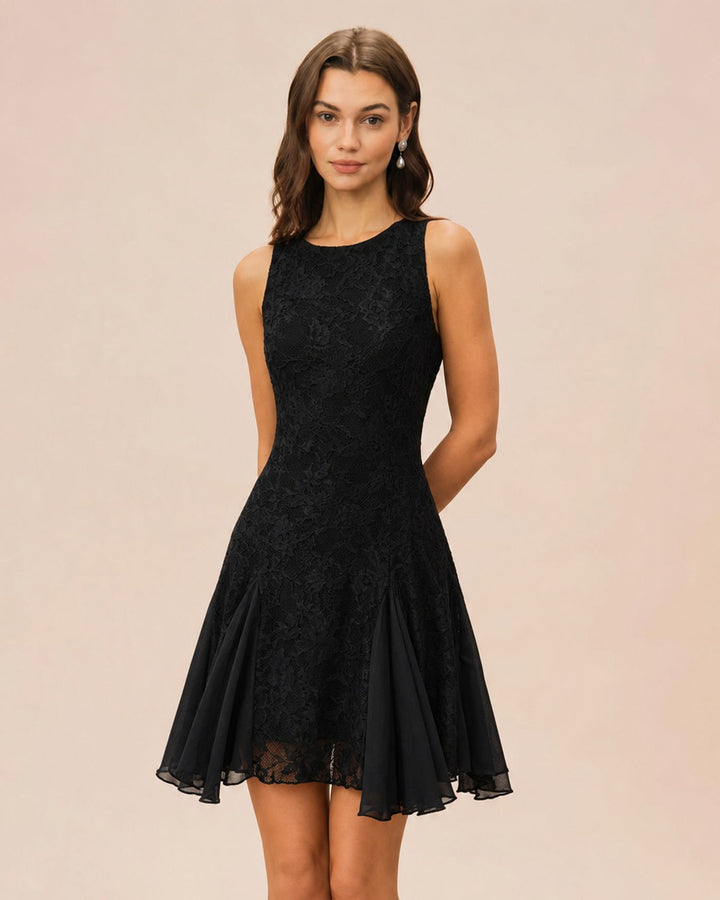 Black Boat Neck Backless Lace Mini Dress