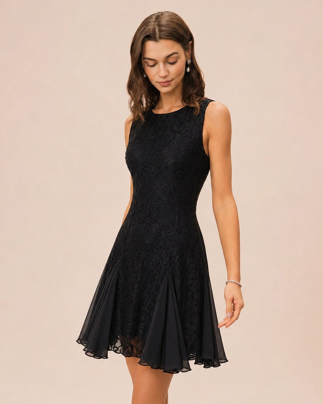 Black Boat Neck Backless Lace Mini Dress