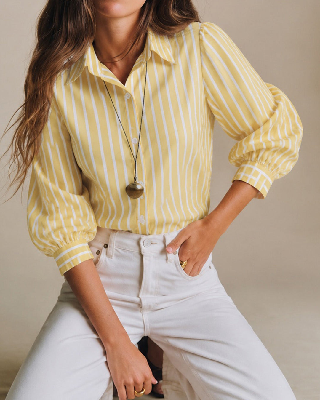 Yellow Collar Button Striped Shirt